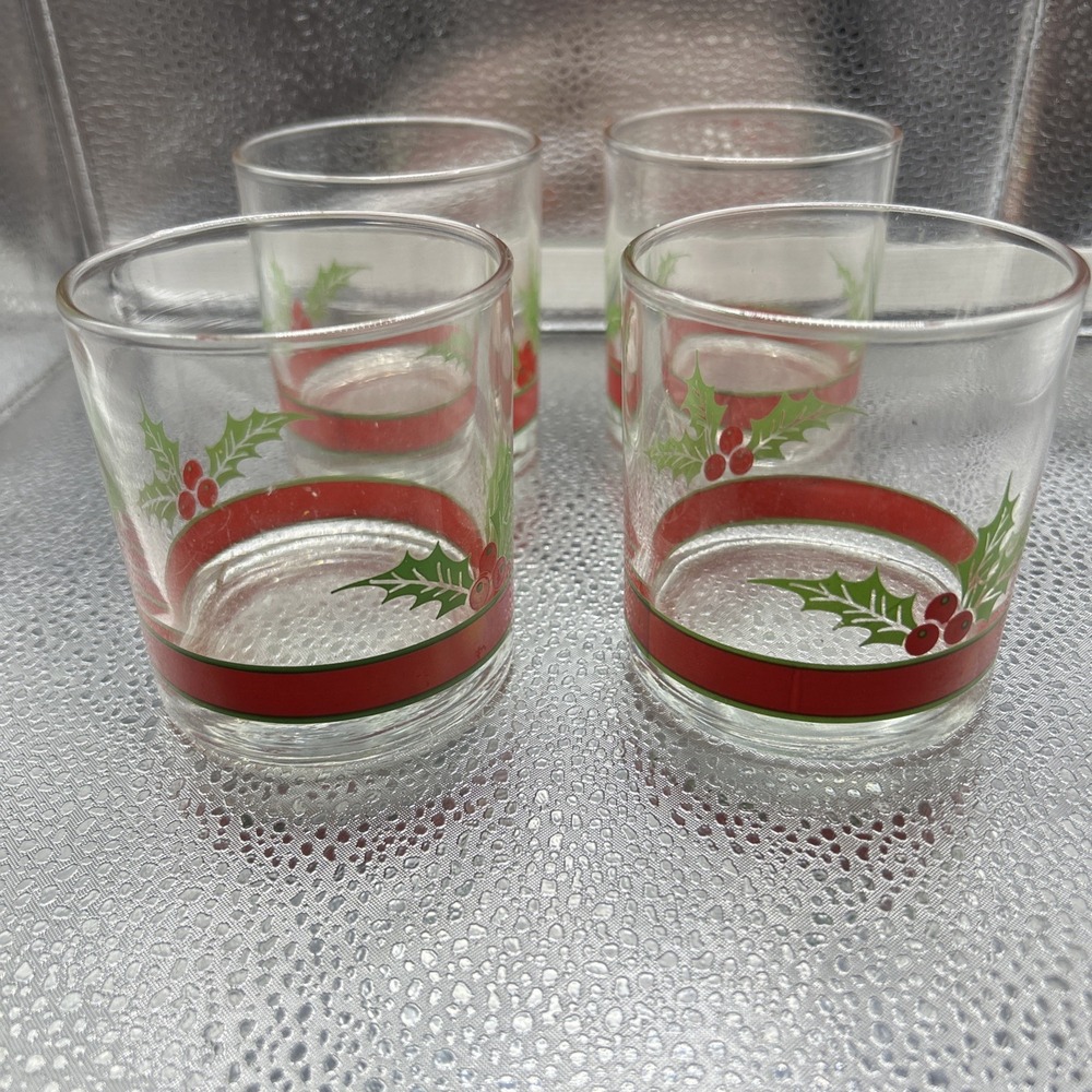 Vtg MCM Christmas Libbey Holly & Berries Rocks Glasses Set of 4 Old Fashioned